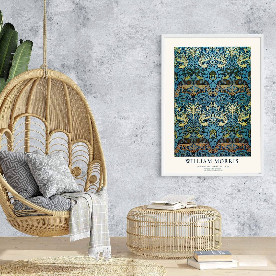High-contrast peacock canvas print illustrating William Morris tapestry foliage for elegant homes. Order tailored framed, unframed, and canvas options available from MapYourDreams today for your walls.