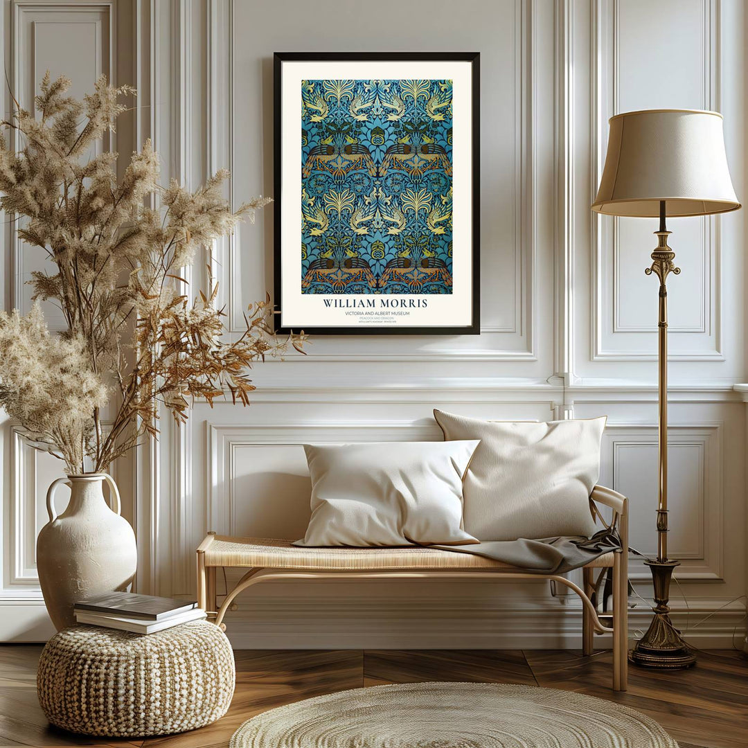 Fine art print of the William Morris Peacock and Dragon design, ideal for vintage exhibition poster setups. MapYourDreams presents professional framed, unframed, and canvas options available for display.