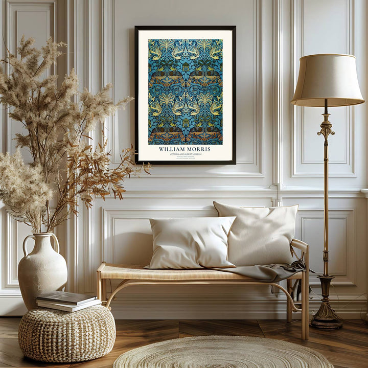 Fine art print of the William Morris Peacock and Dragon design, ideal for vintage exhibition poster setups. MapYourDreams presents professional framed, unframed, and canvas options available for display.