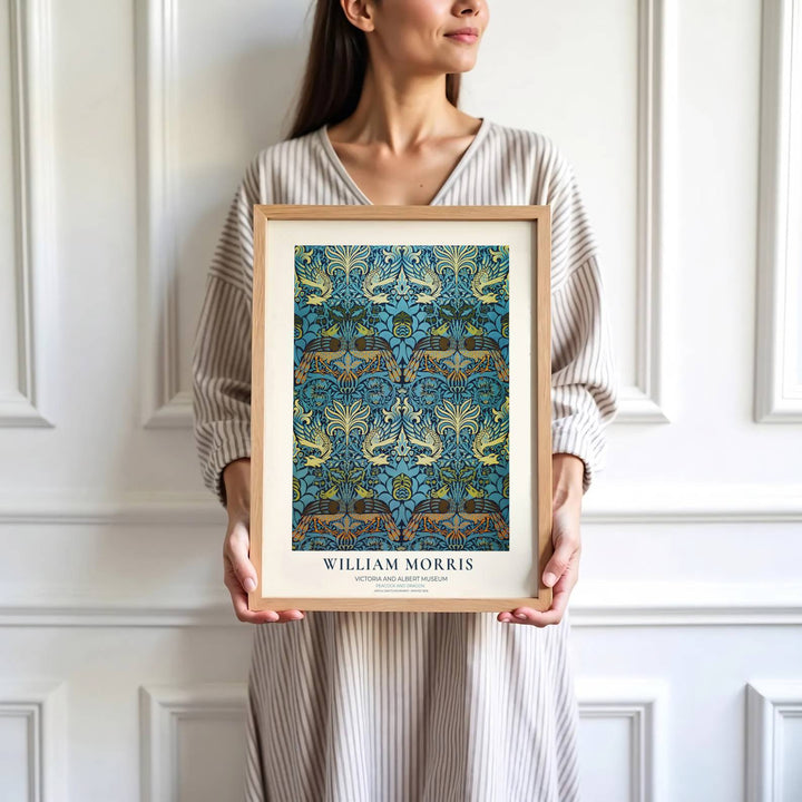 Elegant living room wall art print displaying 1878 William Morris golden peacocks by MapYourDreams. Explore our range of framed, unframed, and canvas options available to match your interior theme.