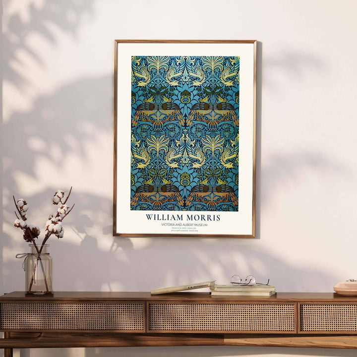 Classic blue and gold William Morris tapestry art print designed to blend seamlessly with any frame style. MapYourDreams provides custom framed, unframed, and canvas options available for home styling.