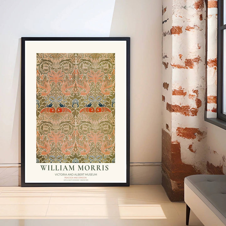 Dark blue accents and salmon-colored bird feathers pop against an olive background in this V&amp;A poster. Select high-grade framed, unframed, and canvas options available at MapYourDreams to enhance your entryway decor.
