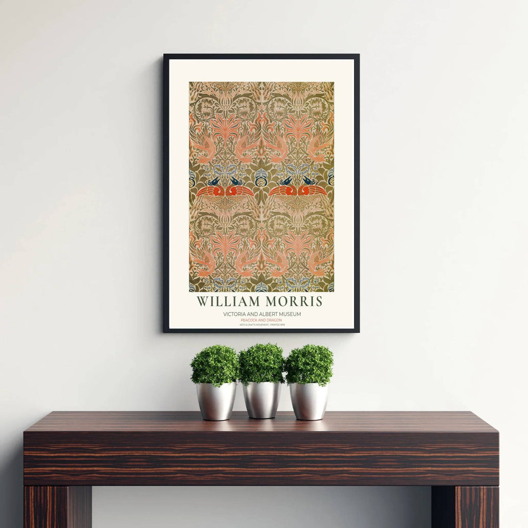 Designed by William Morris in 1878, this Peacock and Dragon print uses olive, navy, and muted orange shades. Explore versatile framed, unframed, and canvas options available at MapYourDreams to upgrade your hallway or entry setup.