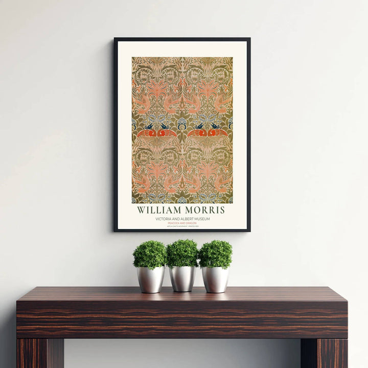 Designed by William Morris in 1878, this Peacock and Dragon print uses olive, navy, and muted orange shades. Explore versatile framed, unframed, and canvas options available at MapYourDreams to upgrade your hallway or entry setup.