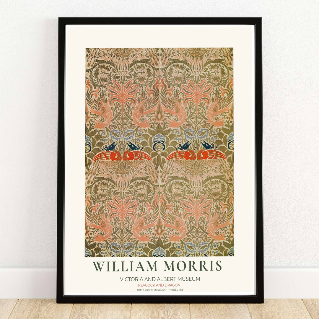 Coral-colored peacocks and dark blue dragons rest inside an olive green leaf lattice in this William Morris wall poster. MapYourDreams supplies this vintage tapestry art in framed, unframed, and canvas options available for cottagecore interiors.
