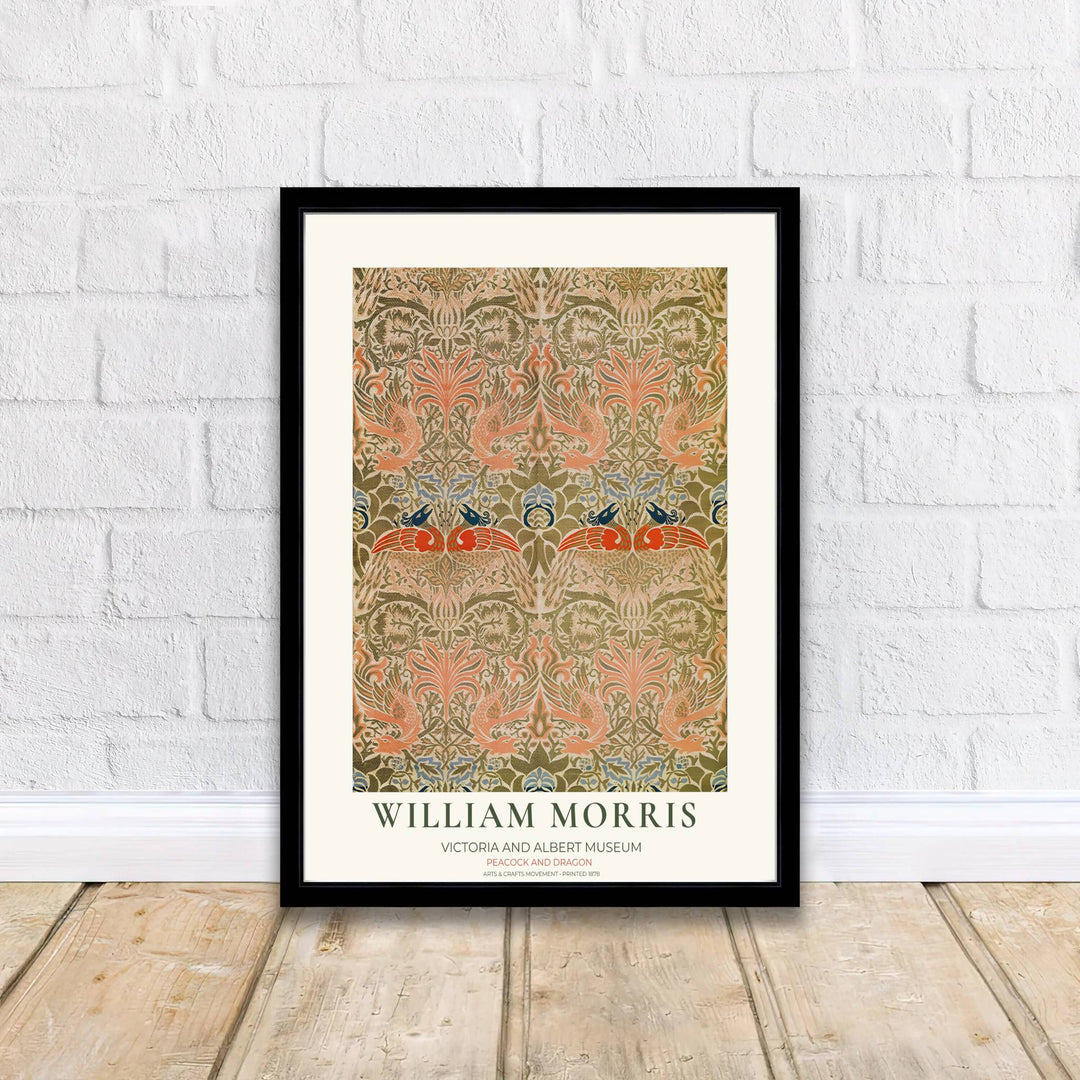 A central row of navy-headed peacocks with coral wings anchors this intricate 19th-century British art poster. Shop premium framed, unframed, and canvas options available online today from MapYourDreams for living room walls.