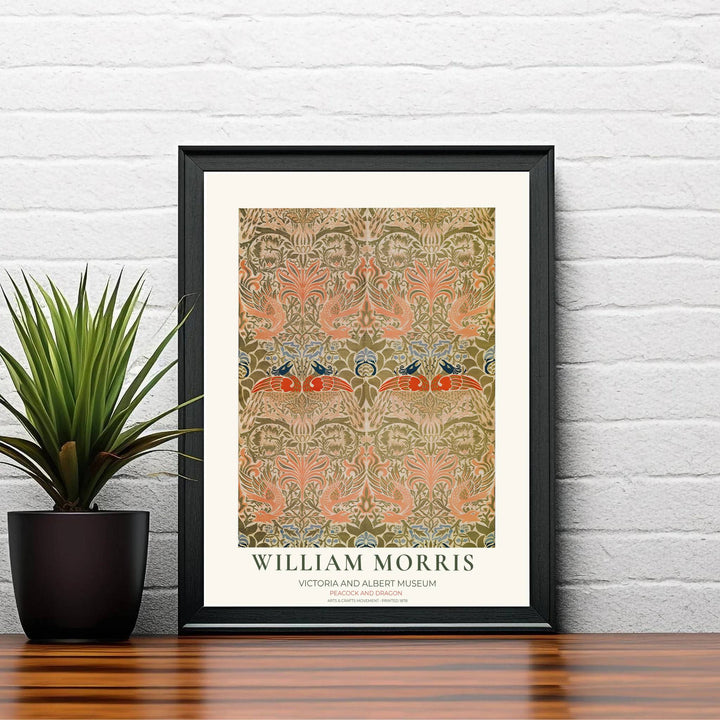 Soft earthy tones define this Victorian textile illustration, featuring paired birds and sweeping plant stems. MapYourDreams offers fine art framed, unframed, and canvas options available to elevate any cozy reading nook display.