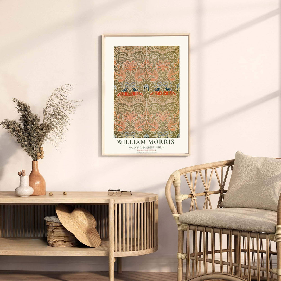 Gentle green foliage surrounds coral bird shapes in this restored William Morris Peacock and Dragon poster. Buy long-lasting framed, unframed, and canvas options available at MapYourDreams for your home art collection.