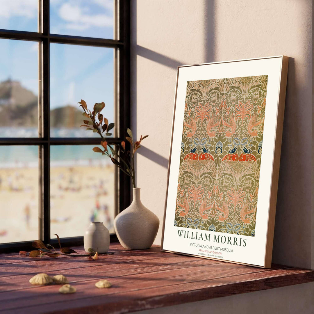 Muted olive green tones meet warm coral pink plumage in a classic Arts and Crafts Movement textile reproduction. MapYourDreams provides archival framed, unframed, and canvas options available for nature-inspired home gallery walls.