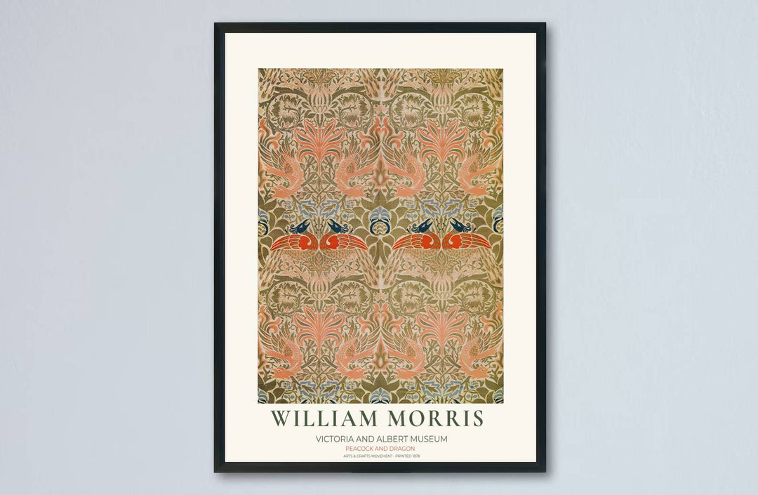 Classic British craftsmanship shines in this soft olive and coral peacock illustration with museum borders. Order custom framed, unframed, and canvas options available at MapYourDreams for an elegant living room accent.