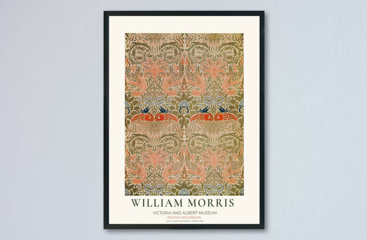 Classic British craftsmanship shines in this soft olive and coral peacock illustration with museum borders. Order custom framed, unframed, and canvas options available at MapYourDreams for an elegant living room accent.