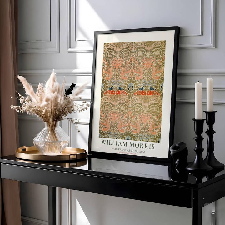 Pairing soft terracotta bird illustrations with sage foliage, this 1878 William Morris print makes a warm statement. Find durable framed, unframed, and canvas options available at MapYourDreams to complete your earthy living room design.