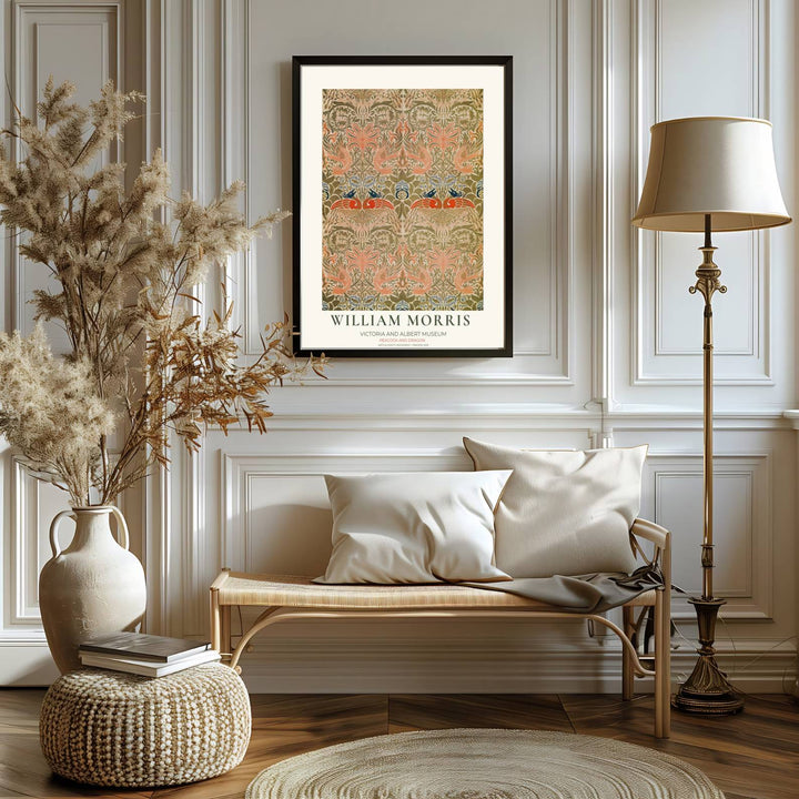 Coral pink plumage and dark blue heads highlight paired peacocks inside an olive green scrolling lattice. Find stunning framed, unframed, and canvas options available at MapYourDreams to create a warm gallery wall focal point.