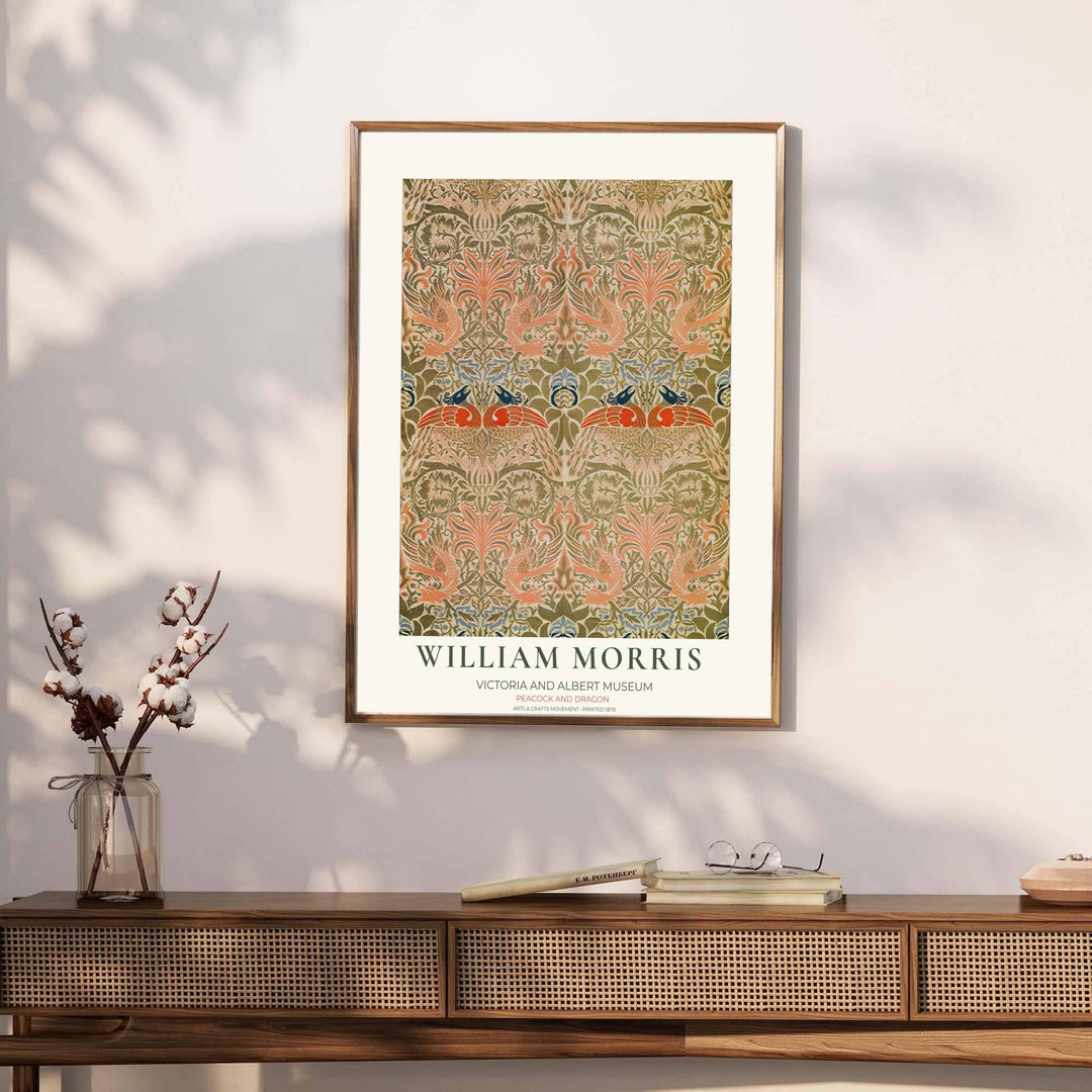 Authentic Victoria and Albert Museum typography frames this olive green and salmon pink bird pattern print. Pick high-contrast framed, unframed, and canvas options available at MapYourDreams for a refined art display.