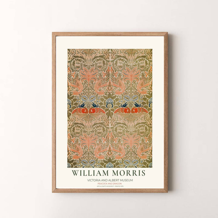 Framed William Morris wall poster with ornate olive and coral pattern, peacocks and dragons