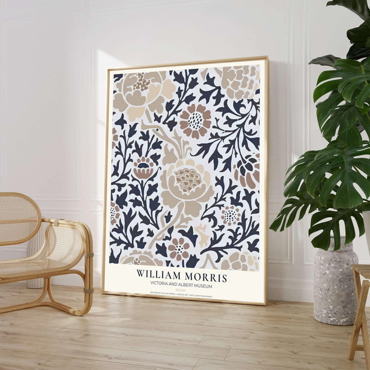 Sweeping charcoal stems frame beige peony petals in this Victorian William Morris Peony art print. Select durable framed, unframed, and canvas options available at MapYourDreams to match contemporary picture frames.