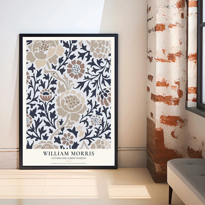 A calm palette of beige, tan, and dark grey defines this restored William Morris Peony print layout. Order beautiful framed, unframed, and canvas options available at MapYourDreams to enhance your entryway wall display.