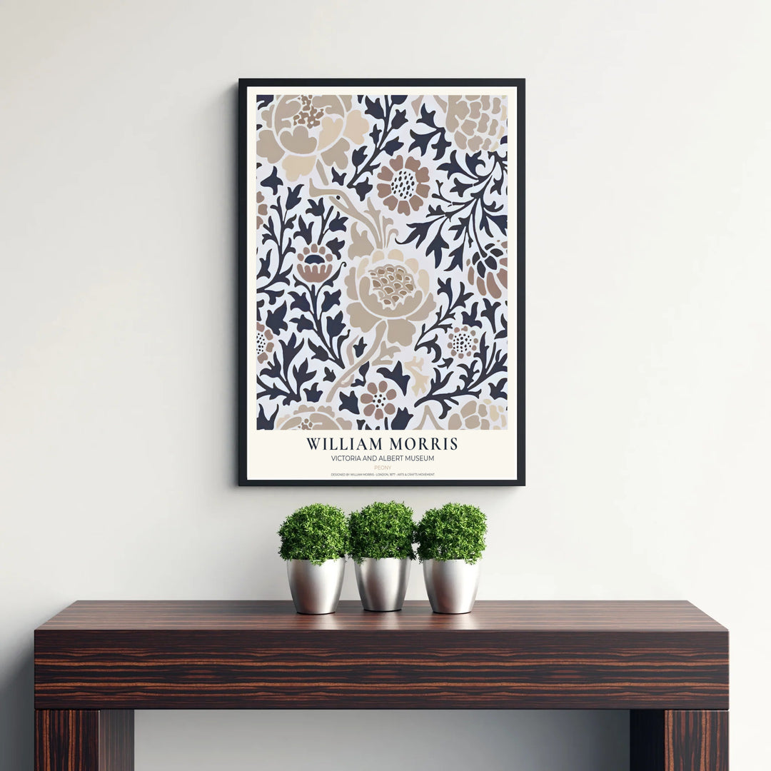 Inspired by classic English wallpaper, this William Morris Peony art piece features bold dark foliage. Explore versatile framed, unframed, and canvas options available at MapYourDreams for Scandinavian or rustic rooms.
