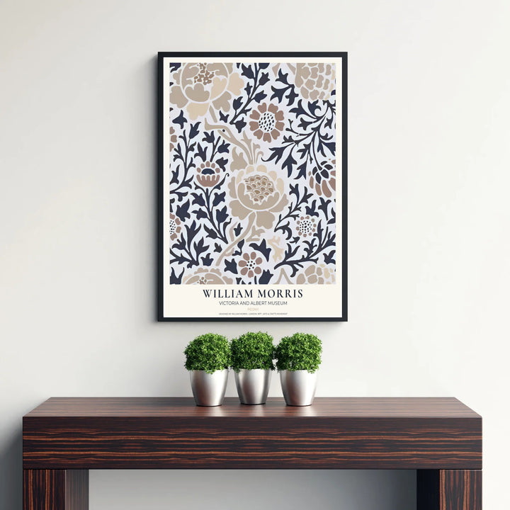Inspired by classic English wallpaper, this William Morris Peony art piece features bold dark foliage. Explore versatile framed, unframed, and canvas options available at MapYourDreams for Scandinavian or rustic rooms.