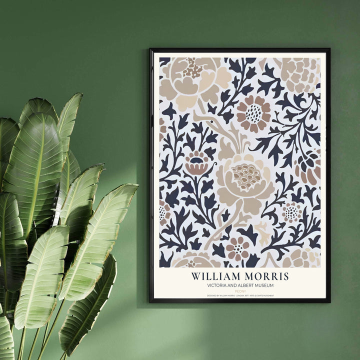 Layered taupe petals anchor a dense leaf pattern in this neutral William Morris Peony wall hanging. MapYourDreams delivers museum-grade framed, unframed, and canvas options available with fast shipping for art lovers.