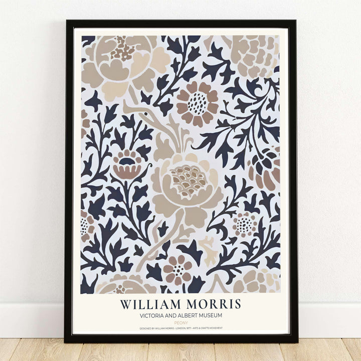 Large beige flowers contrast with dark charcoal foliage in this William Morris Peony print. MapYourDreams supplies this neutral botanical artwork in framed, unframed, and canvas options available for modern minimalist interiors.