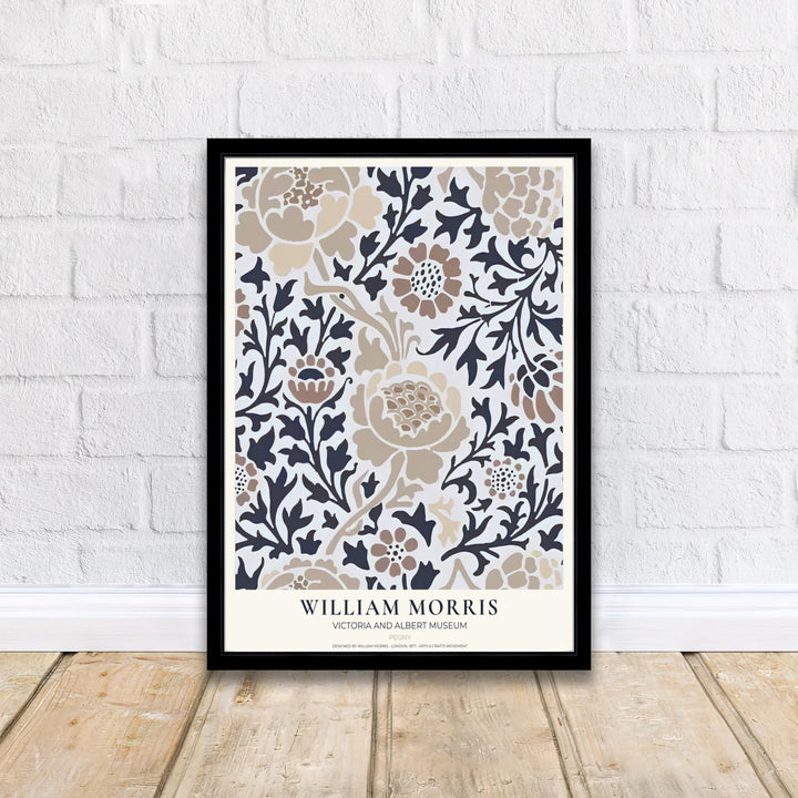 Dark charcoal leaves wrap around tan blossoms in this timeless William Morris Peony poster. Choose tailored framed, unframed, and canvas options available at MapYourDreams to complement neutral home furniture.