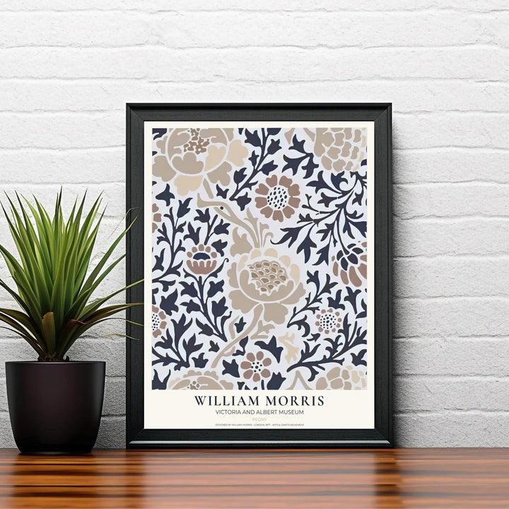 Large flower graphics and dark vines star in this 19th-century William Morris Peony art layout. Shop premium framed, unframed, and canvas options available online today from MapYourDreams for cozy living room spaces.