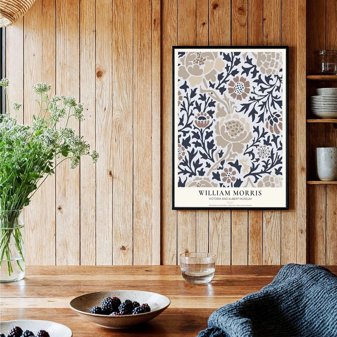 Understated neutral shades define this Arts and Crafts William Morris Peony textile illustration. MapYourDreams offers fine art framed, unframed, and canvas options available to elevate reading nook gallery wall setups.