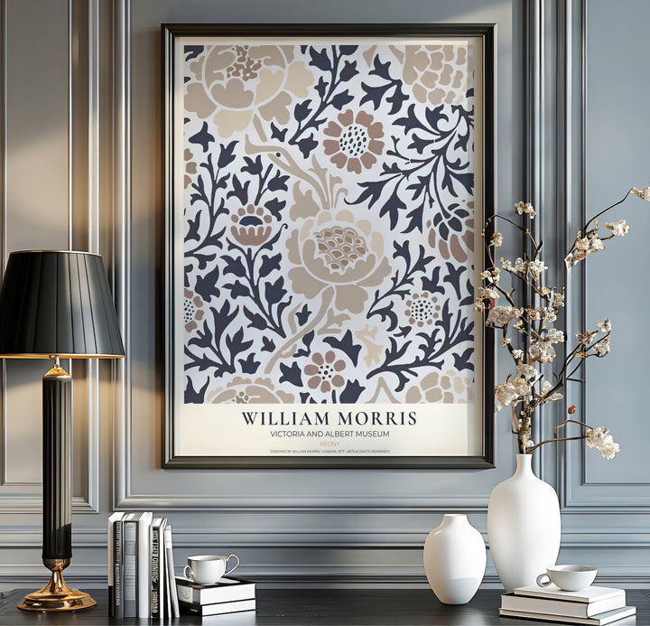 Charcoal foliage provides dramatic contrast against cream petals in this William Morris Peony print. Discover ready-to-hang framed, unframed, and canvas options available at MapYourDreams for effortless wall decoration.