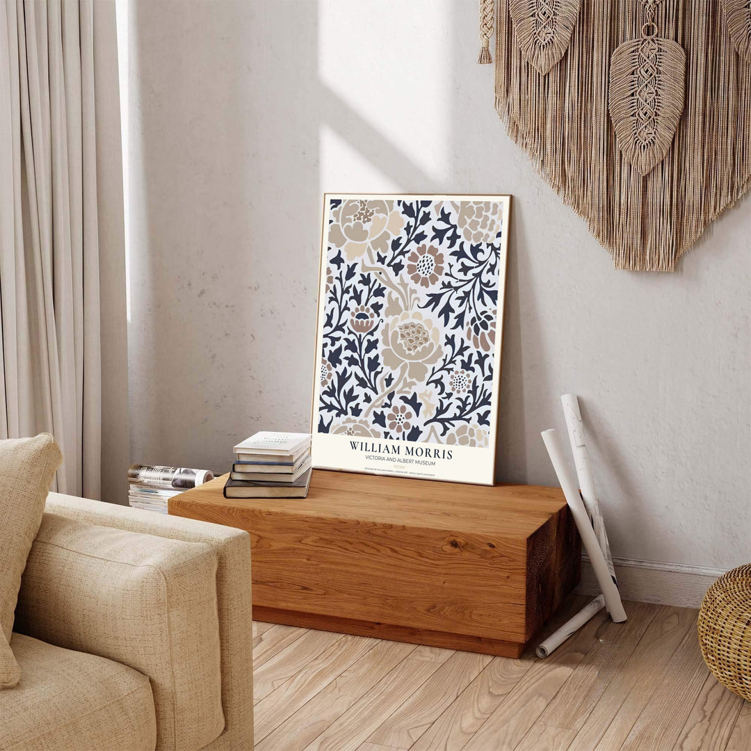 Deep grey stems pop against soft tan flowers in this V&amp;A border William Morris Peony poster. Select high-grade framed, unframed, and canvas options available at MapYourDreams to enhance your hallway wall decoration.