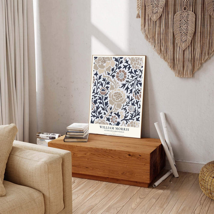 Deep grey stems pop against soft tan flowers in this V&amp;A border William Morris Peony poster. Select high-grade framed, unframed, and canvas options available at MapYourDreams to enhance your hallway wall decoration.