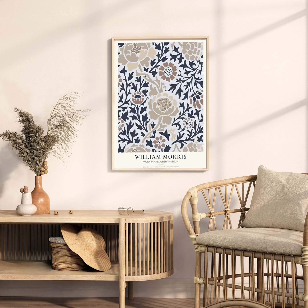 Beige blooms surrounded by sweeping dark vines highlight this restored William Morris Peony wall art. Buy long-lasting framed, unframed, and canvas options available at MapYourDreams to expand your home art collection.