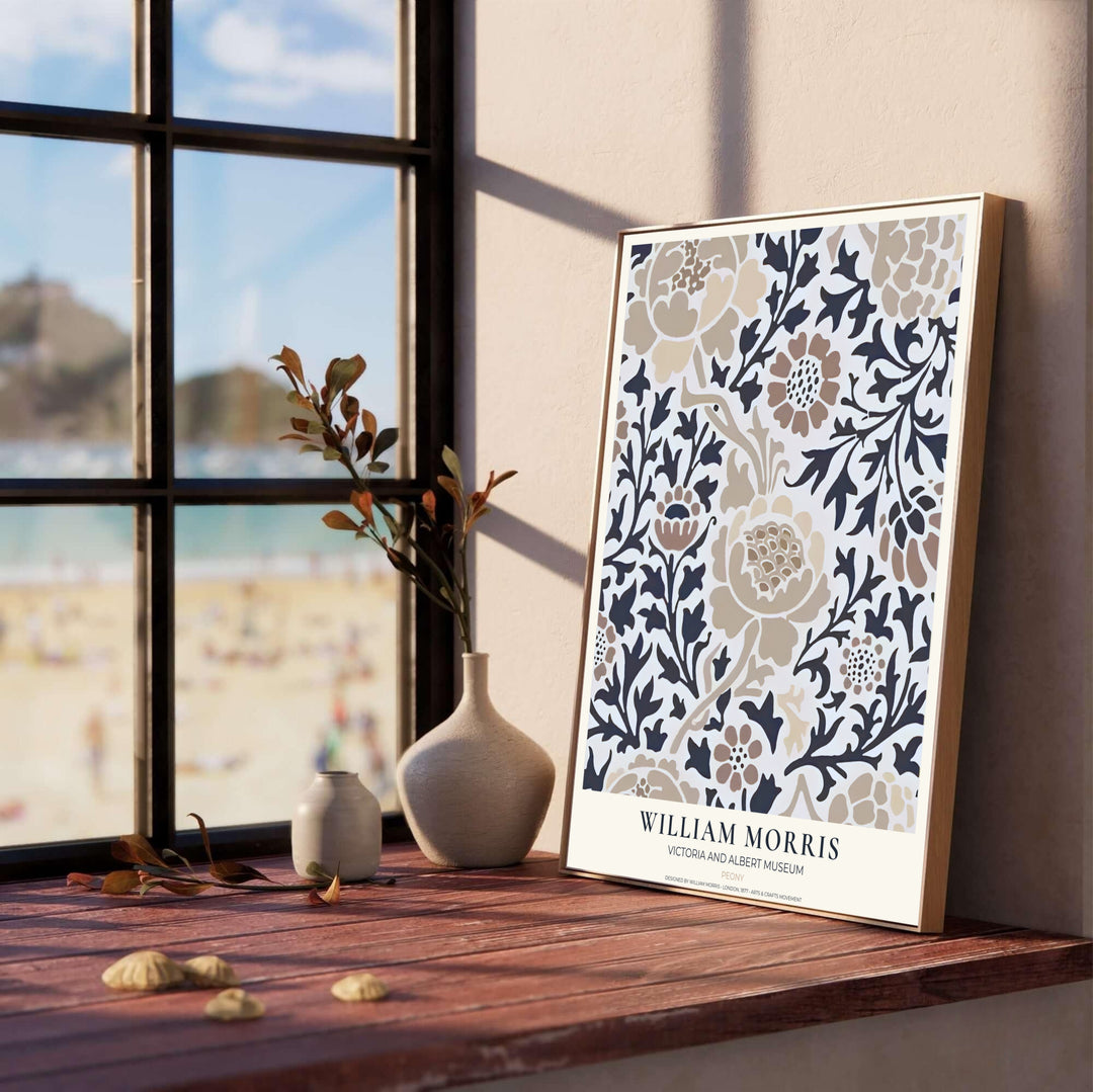 Bring subtle vintage elegance to your home with this neutral William Morris Peony exhibition poster featuring V&amp;A text. MapYourDreams offers custom framed, unframed, and canvas options available for dining room gallery walls.