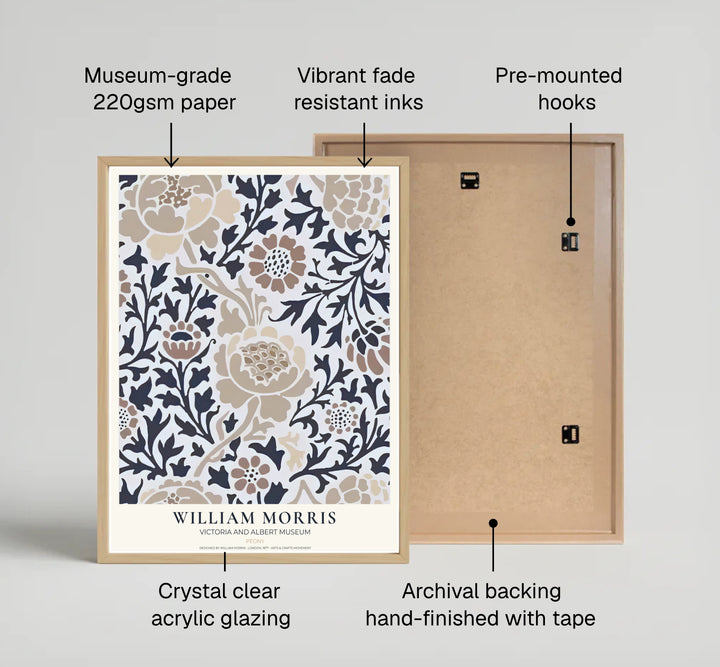 Soft taupe floral blooms meet dark leaves across a cream background in this William Morris Peony poster. MapYourDreams provides archival framed, unframed, and canvas options available for peaceful bedroom wall decor.