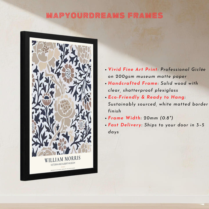 Neutral taupe tones meet dark grey leaves in a sophisticated William Morris Peony artwork print. MapYourDreams provides stylish framed, unframed, and canvas options available for designing elegant living quarters.