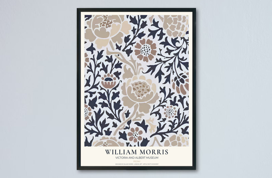 Dark charcoal and warm beige colors lend a refined feel to this William Morris Peony layout. Browse archival framed, unframed, and canvas options available at MapYourDreams to build a neutral gallery wall display.