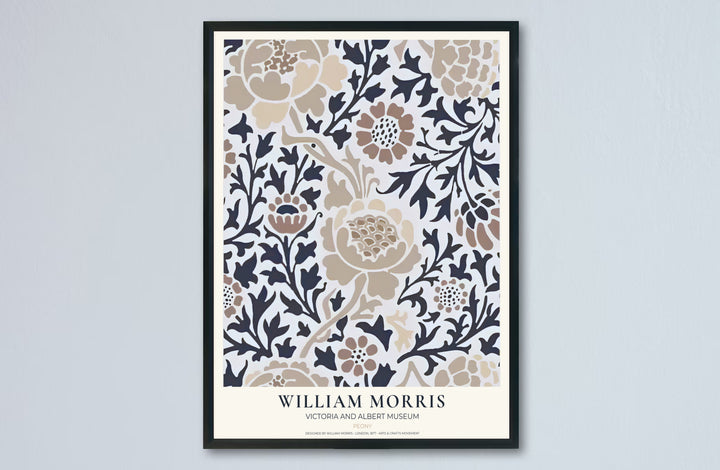 Dark charcoal and warm beige colors lend a refined feel to this William Morris Peony layout. Browse archival framed, unframed, and canvas options available at MapYourDreams to build a neutral gallery wall display.