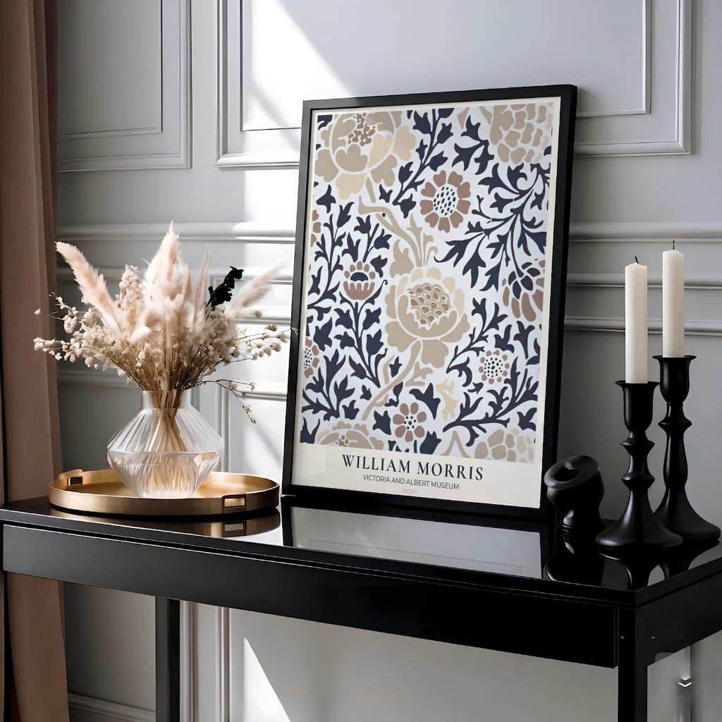 Warm tan petals and deep grey leaves decorate this 1877 William Morris Peony wall art layout. Discover high-quality framed, unframed, and canvas options available at MapYourDreams to style your neutral living room setup.