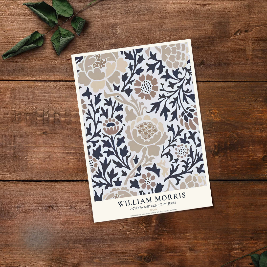 English textile heritage shines in this charcoal and tan William Morris Peony illustration. Order custom framed, unframed, and canvas options available at MapYourDreams to establish a serene home interior accent.