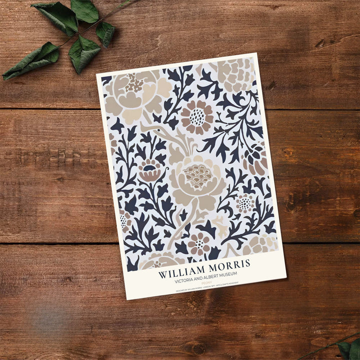 English textile heritage shines in this charcoal and tan William Morris Peony illustration. Order custom framed, unframed, and canvas options available at MapYourDreams to establish a serene home interior accent.
