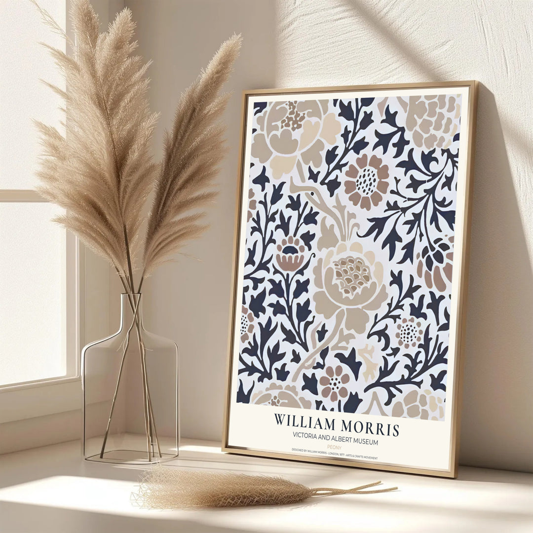 Large peony petals weave through dark vines in this vintage William Morris Peony design for wall decor. MapYourDreams offers versatile framed, unframed, and canvas options available to refresh your home space.