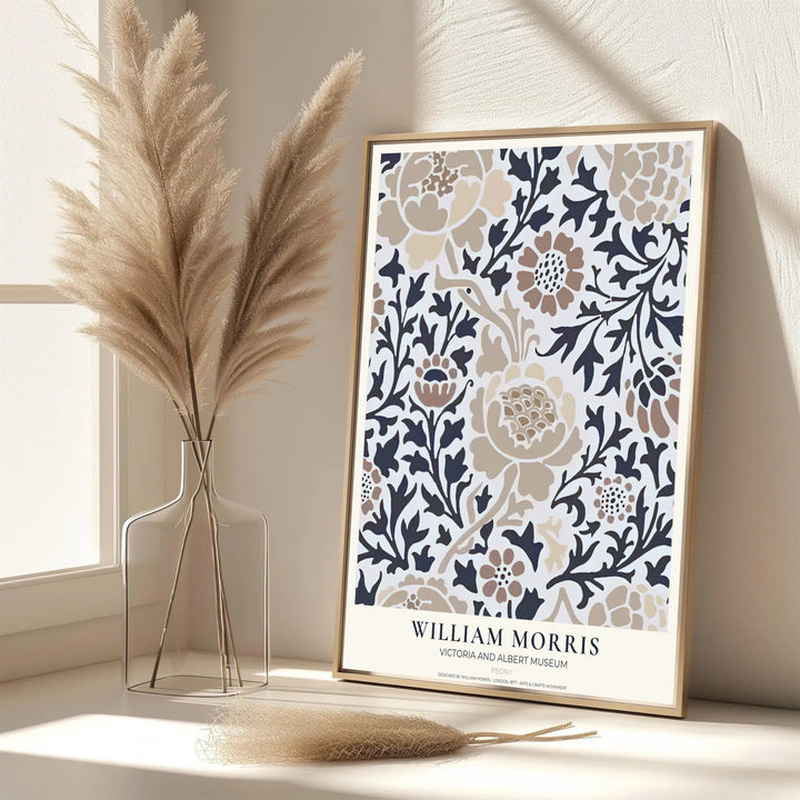Large peony petals weave through dark vines in this vintage William Morris Peony design for wall decor. MapYourDreams offers versatile framed, unframed, and canvas options available to refresh your home space.