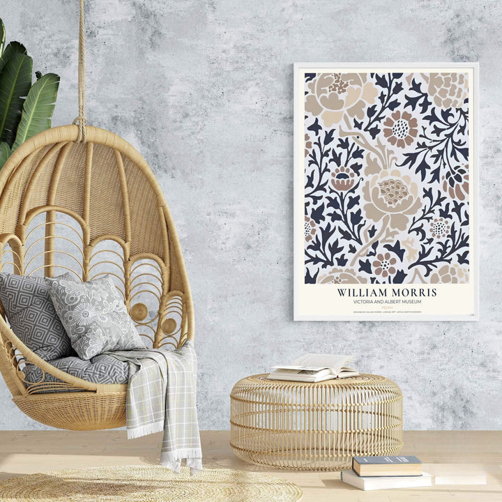 Subtle taupe tones combine for a peaceful aesthetic in this William Morris Peony art poster. Shop ready-to-ship framed, unframed, and canvas options available from MapYourDreams to complement modern neutral decor.