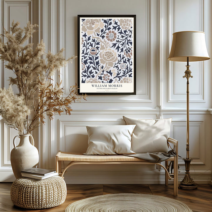 Botanical line art and flowing leaves bring historic charm in this William Morris Peony poster. MapYourDreams delivers museum-quality framed, unframed, and canvas options available for quick home delivery.