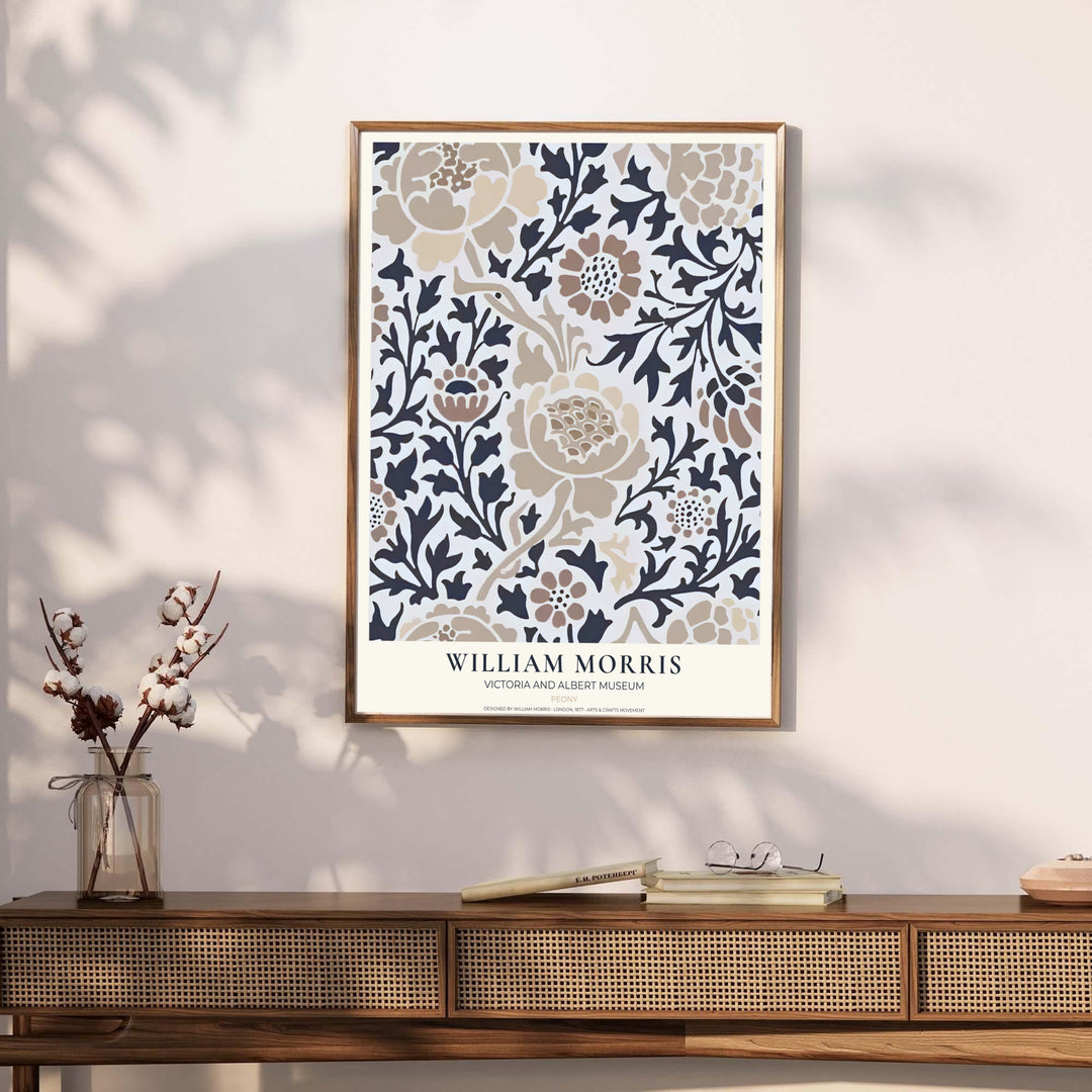 Muted charcoal and tan wall decor inspired by 1877 textiles defines this William Morris Peony print. MapYourDreams brings tailored framed, unframed, and canvas options available to match your unique home aesthetic.