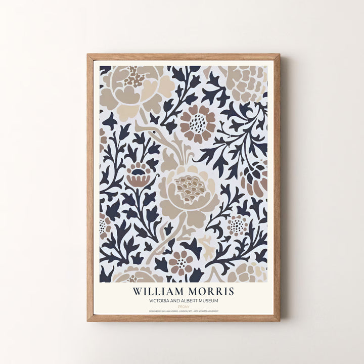 Authentic museum typography frames this dark charcoal and beige William Morris Peony art layout. Pick high-contrast framed, unframed, and canvas options available at MapYourDreams for a refined art presentation.