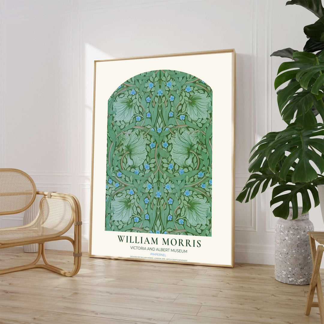 Bring biophilic calm to your space with this green and sky blue William Morris Pimpernel exhibition layout. MapYourDreams offers custom framed, unframed, and canvas options available for dining room or office wall displays.