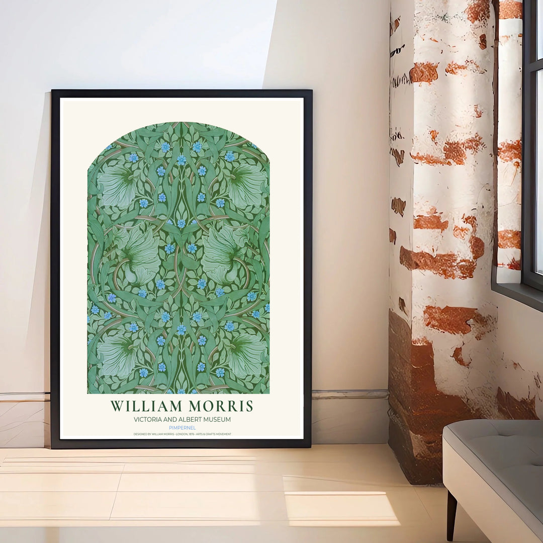 Soft blue floral accents pop against green leaves in this restored William Morris Pimpernel print design. Order beautiful framed, unframed, and canvas options available at MapYourDreams to create an eye-catching focal point.