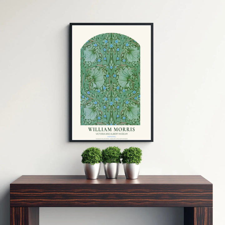 Inspired by classic 1876 wallpaper, this William Morris Pimpernel art piece features arched floral graphics. Explore versatile framed, unframed, and canvas options available at MapYourDreams for cottagecore home decor.