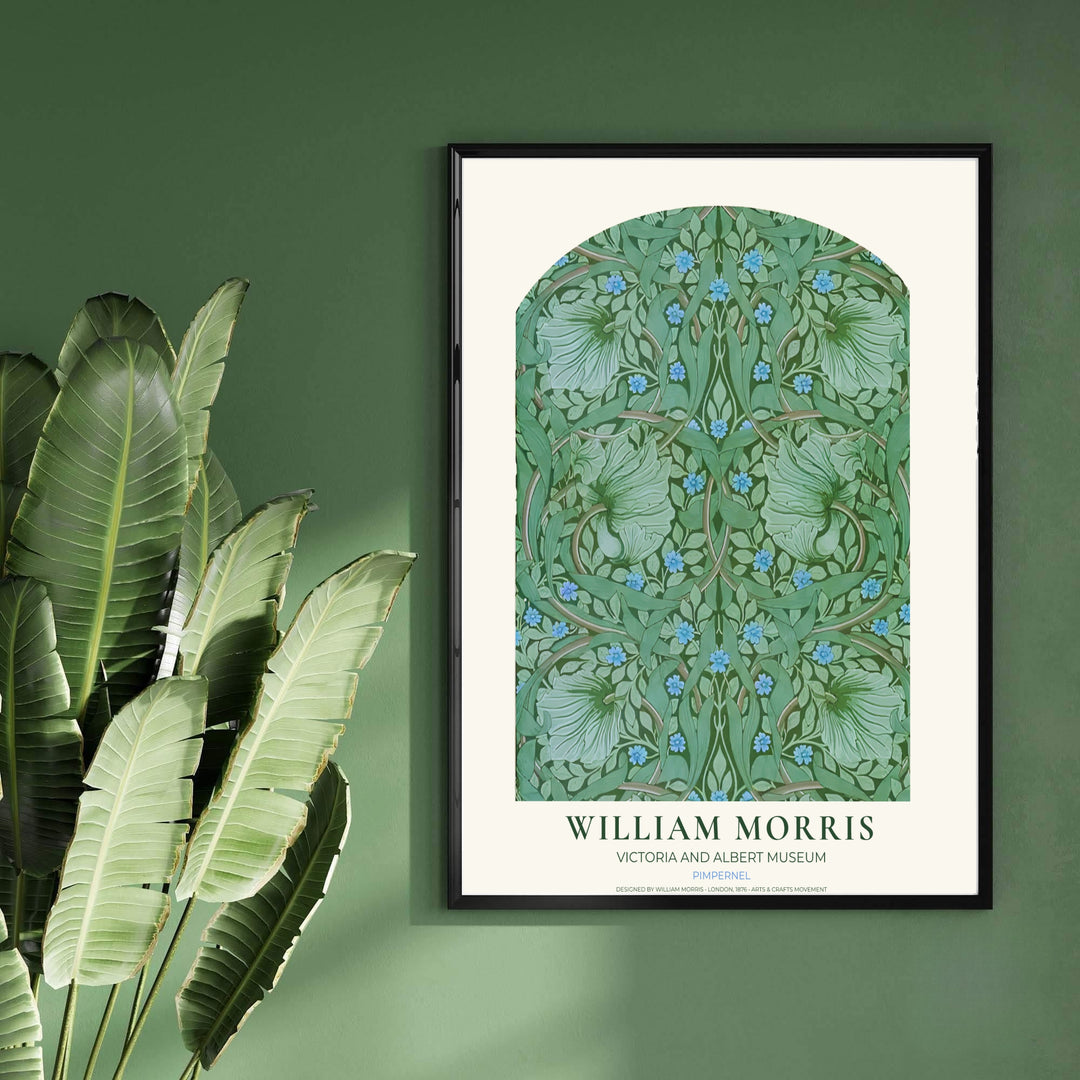 Curving willow leaves wrap around small blue flowers in this William Morris Pimpernel wall poster. MapYourDreams delivers museum-grade framed, unframed, and canvas options available with fast shipping for art lovers.